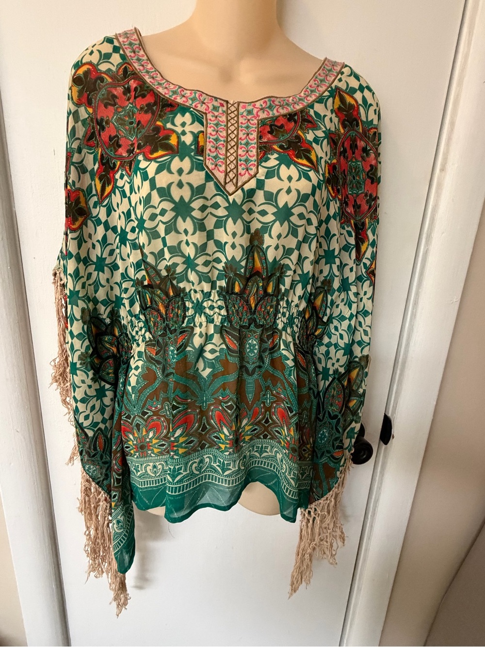 Flying Tomato Green and Cream Boho Fringe Tunic